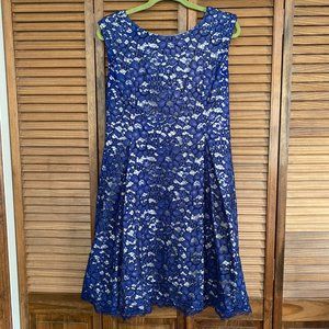 Eliza J Blue Floral Lace Cap Sleeve Fit and Flare Dress Size 12